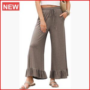 Wide Leg Palazzo Pants with Drawstring Elastic Waist and Ruffle Hem